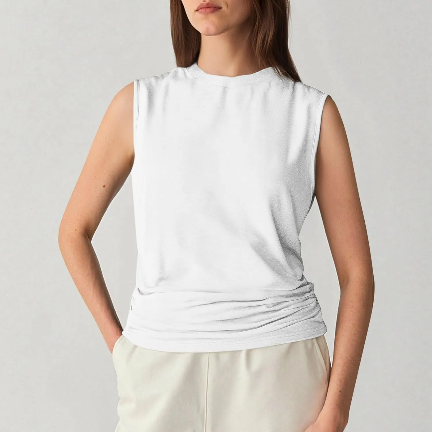 Womens Summer Tank Tops High Neck Workout Crew Neck Sleeveless Top Casual Flowy Trendy Loose Sleeveless Vest Camisole