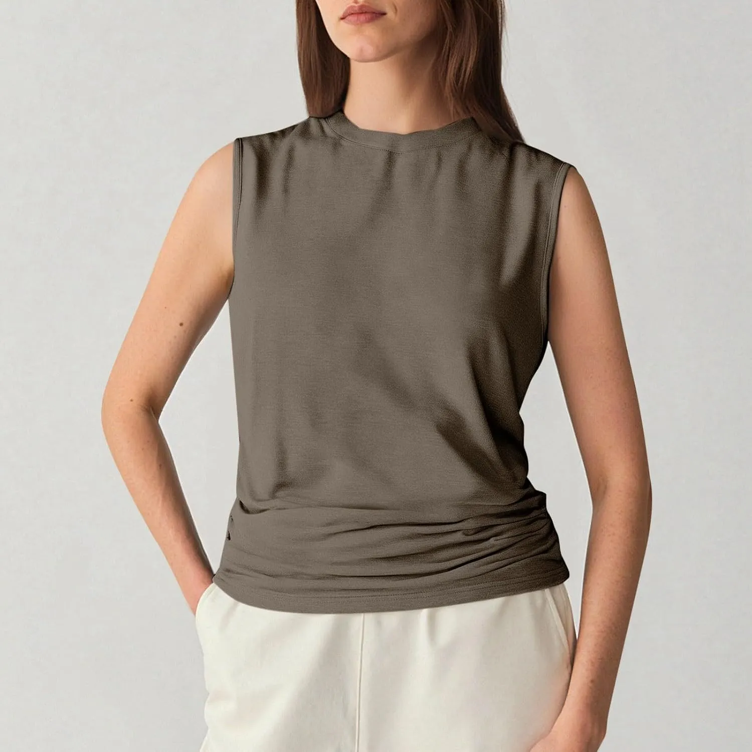 Womens Summer Tank Tops High Neck Workout Crew Neck Sleeveless Top Casual Flowy Trendy Loose Sleeveless Vest Camisole