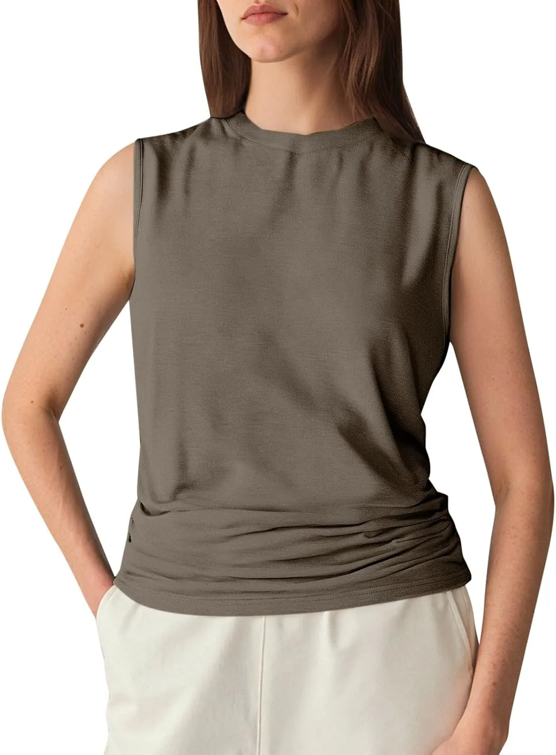 Womens Summer Tank Tops High Neck Workout Crew Neck Sleeveless Top Casual Flowy Trendy Loose Sleeveless Vest Camisole