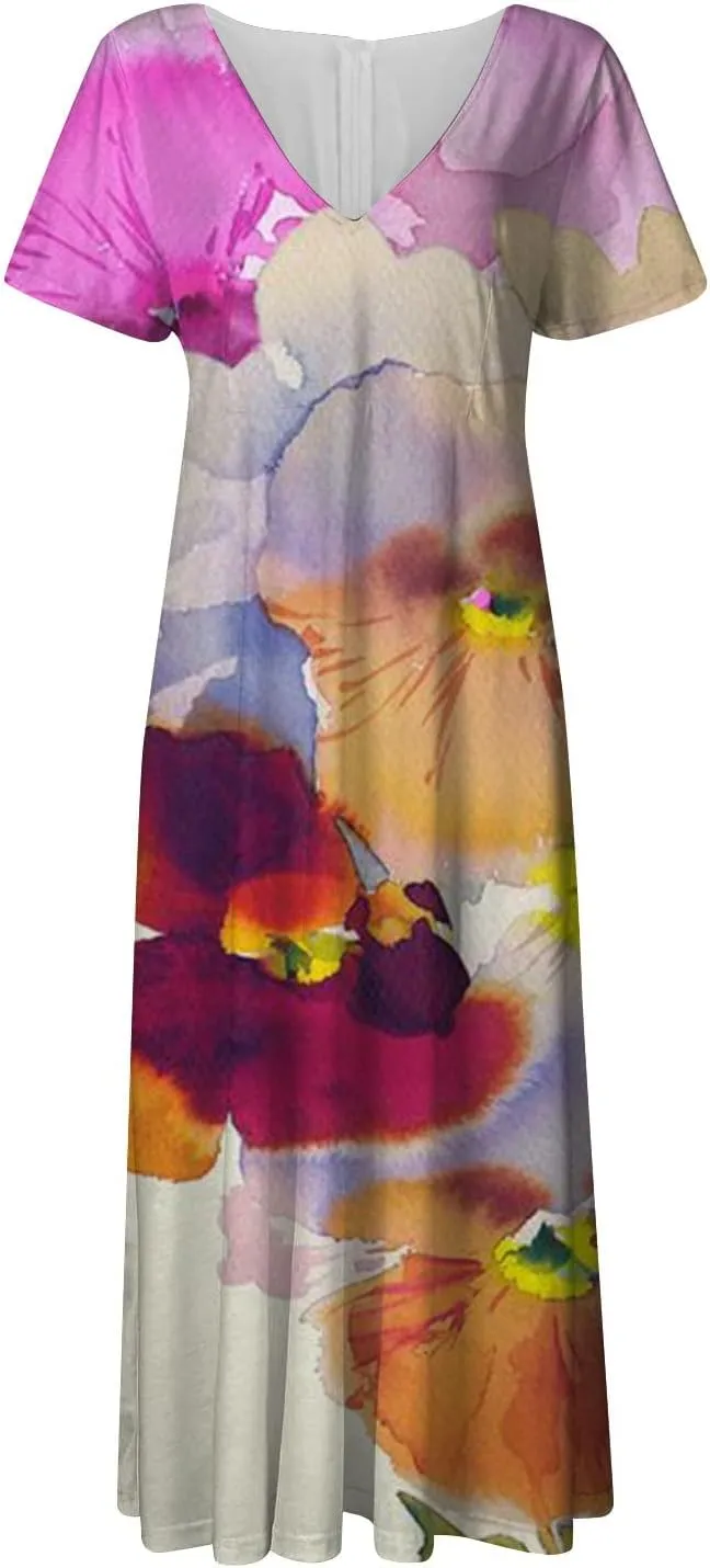 Womens Summer Wrap Maxi Dress Boho Floral V Neck Short Sleeve Long Dress Cute Ruffle Hem High Waist A-Line Dress
