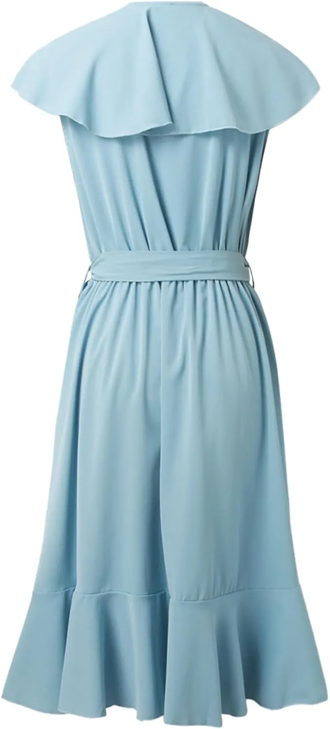 Womens Summer Wrap V Neck Split Party Dress Ruffle Short Sleeve Irregular Midi Dress with Belt