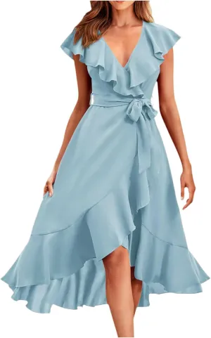 Womens Summer Wrap V Neck Split Party Dress Ruffle Short Sleeve Irregular Midi Dress with Belt