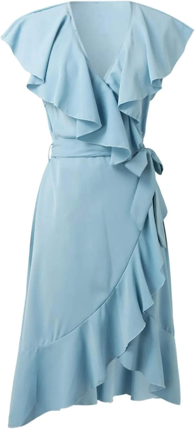 Womens Summer Wrap V Neck Split Party Dress Ruffle Short Sleeve Irregular Midi Dress with Belt