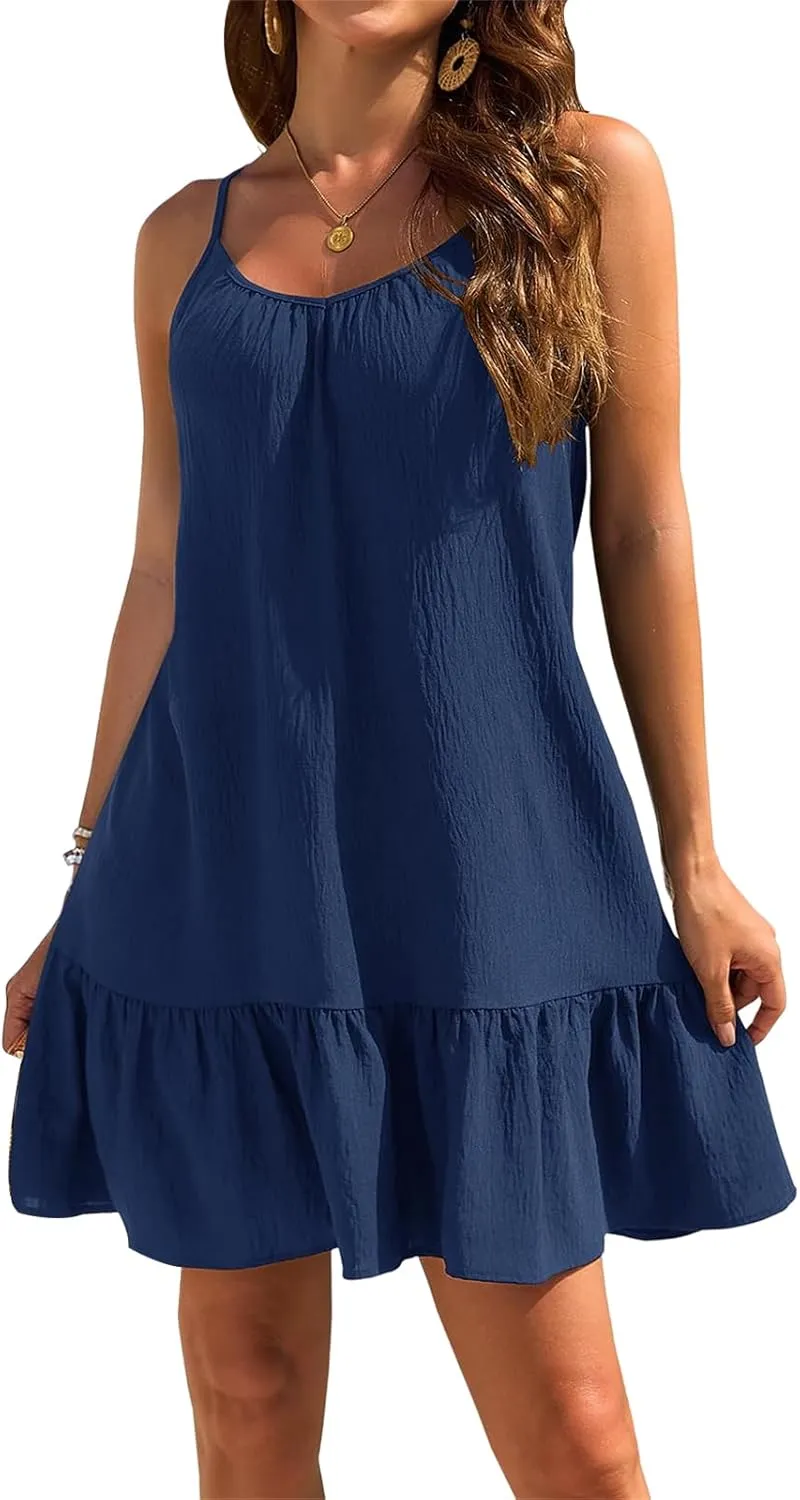 Womens Swimsuit Cover Up Spaghetti Straps Beach Mini Dress Ruffle Hem Tank Dresses Summer Vacation Sundress 2025