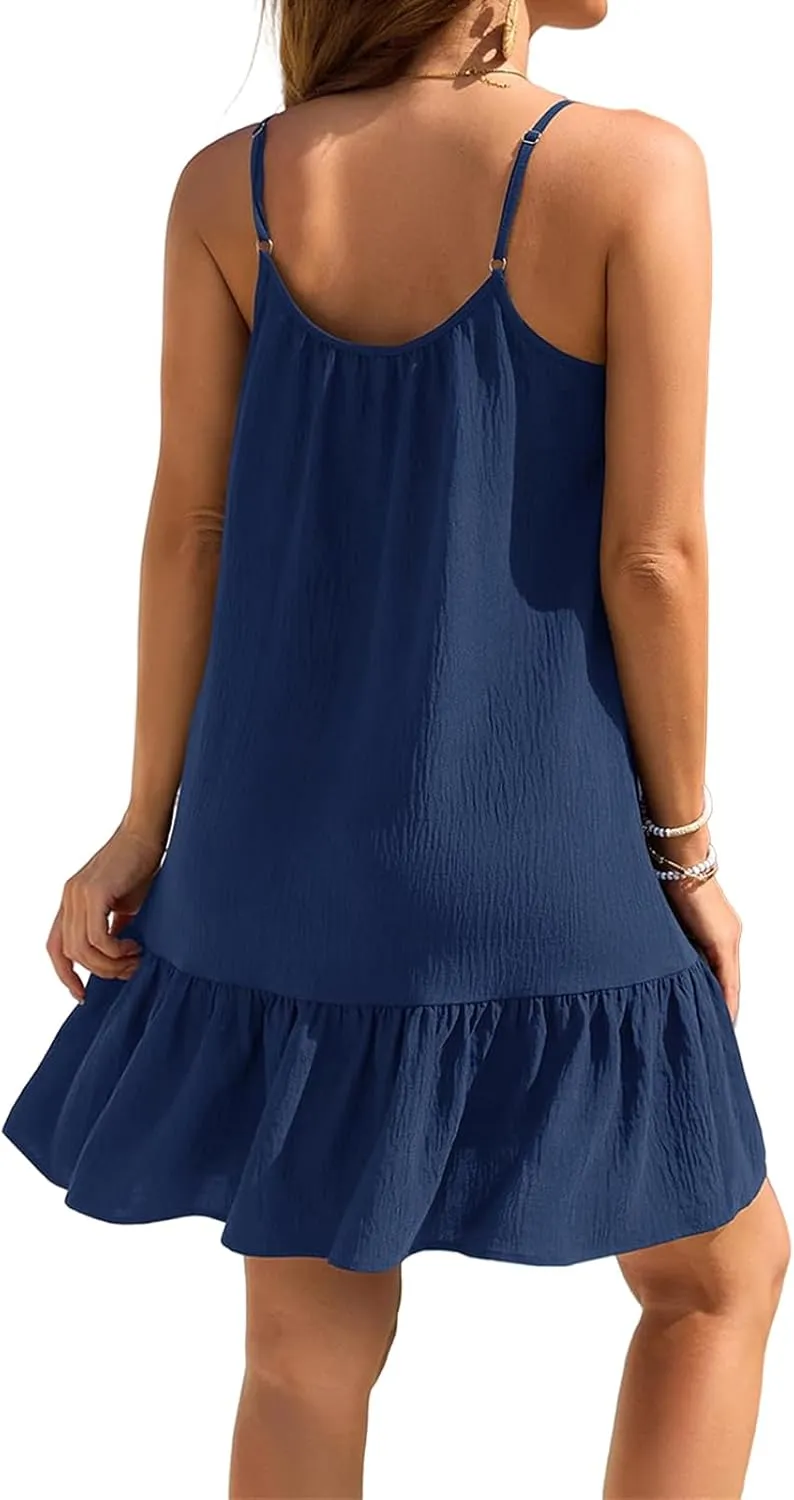 Womens Swimsuit Cover Up Spaghetti Straps Beach Mini Dress Ruffle Hem Tank Dresses Summer Vacation Sundress 2025