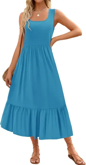 Women's Tank Dress Sleeveless Square Neck Tunic Dress Ruffle Tiered Maxi Dresses Summer Beach Vacation Sundress 2025