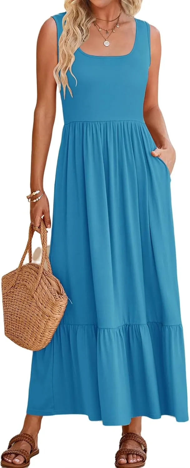 Women's Tank Dress Sleeveless Square Neck Tunic Dress Ruffle Tiered Maxi Dresses Summer Beach Vacation Sundress 2025