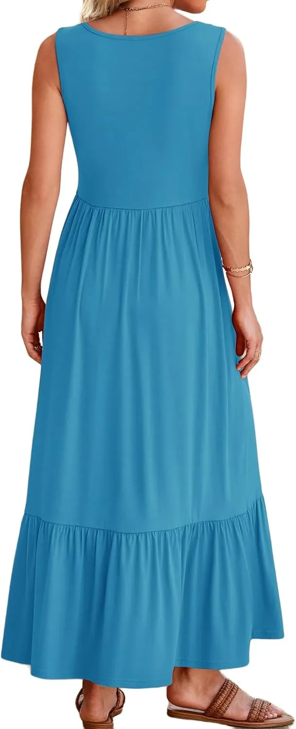 Women's Tank Dress Sleeveless Square Neck Tunic Dress Ruffle Tiered Maxi Dresses Summer Beach Vacation Sundress 2025