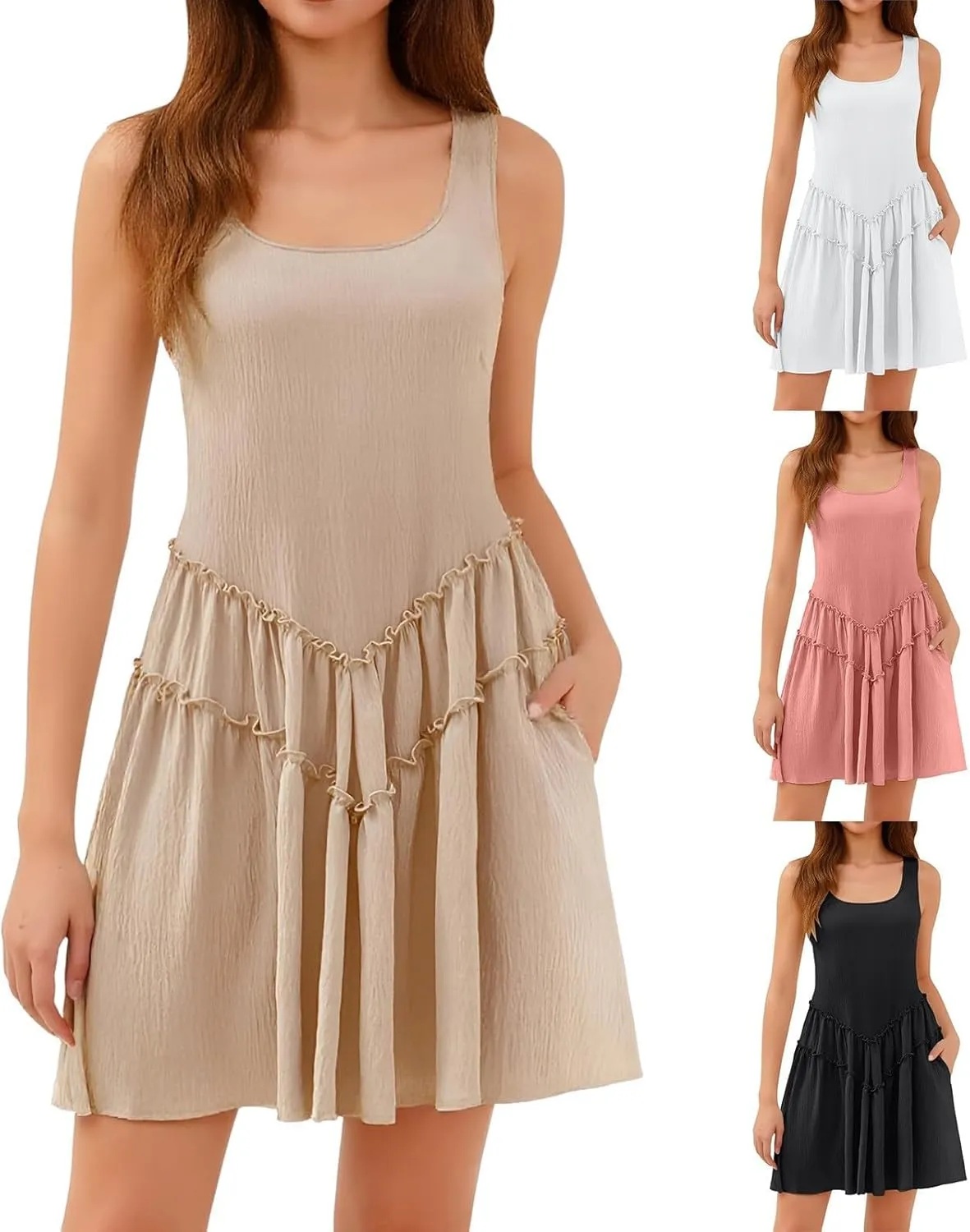 Women's Tank Dress with Pockets Tiered Flowy Mini A Line Casual Sundress Beach Sleeveless Crewneck Cute Dresses