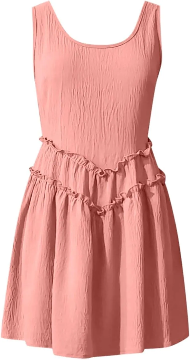 Women's Tank Dress with Pockets Tiered Flowy Mini A Line Casual Sundress Beach Sleeveless Crewneck Cute Dresses