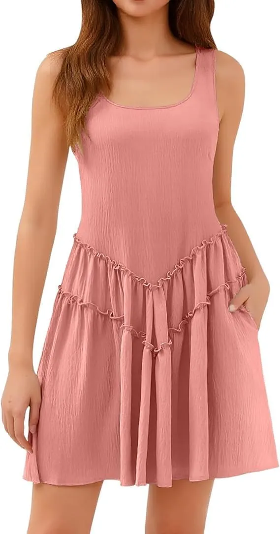 Women's Tank Dress with Pockets Tiered Flowy Mini A Line Casual Sundress Beach Sleeveless Crewneck Cute Dresses
