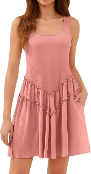 Women's Tank Dress with Pockets Tiered Flowy Mini A Line Casual Sundress Beach Sleeveless Crewneck Cute Dresses