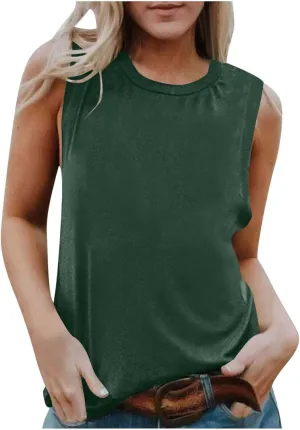 Womens Tank Tops Sleeveless Crew Neck Loose Fit Shirts Summer Clothes Solid Color Basic Tunic Blouse