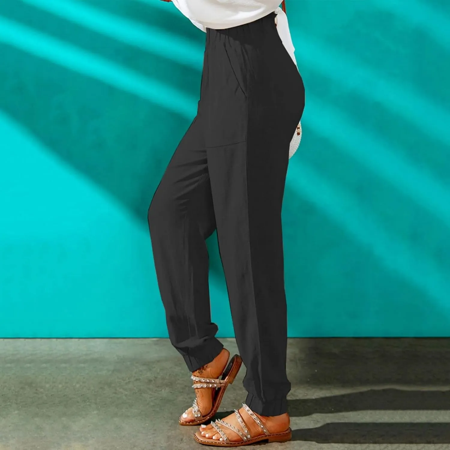 Womens Tapered Pants Summer Stretchy Ruffle High Waisted Pant Business Casual Solid Harem Pants Trousers with Pockets
