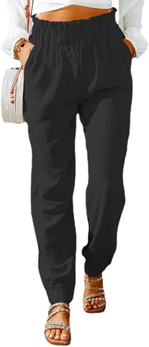 Womens Tapered Pants Summer Stretchy Ruffle High Waisted Pant Business Casual Solid Harem Pants Trousers with Pockets