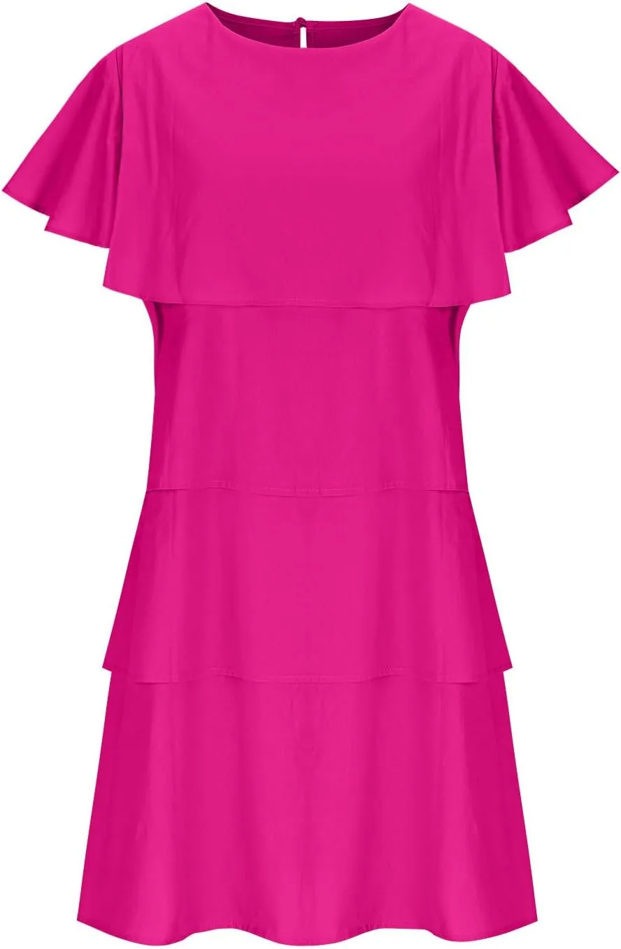 Women's Tiered Ruched Cotton Linen Dress, Solid Color Loose Comfy Midi Dresses Short Sleeve Crewneck Casual Clothes