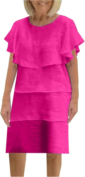 Women's Tiered Ruched Cotton Linen Dress, Solid Color Loose Comfy Midi Dresses Short Sleeve Crewneck Casual Clothes