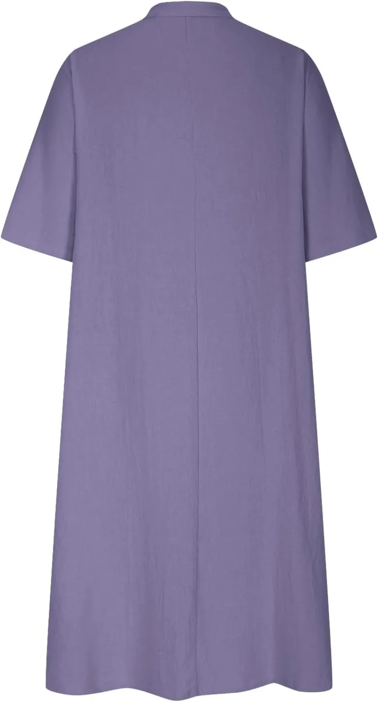 Womens V-Neck Half-Sleeve Cotton Linen Loose Dress Fashion Lightweight Casual Sundress Maxi Dress with Pockets