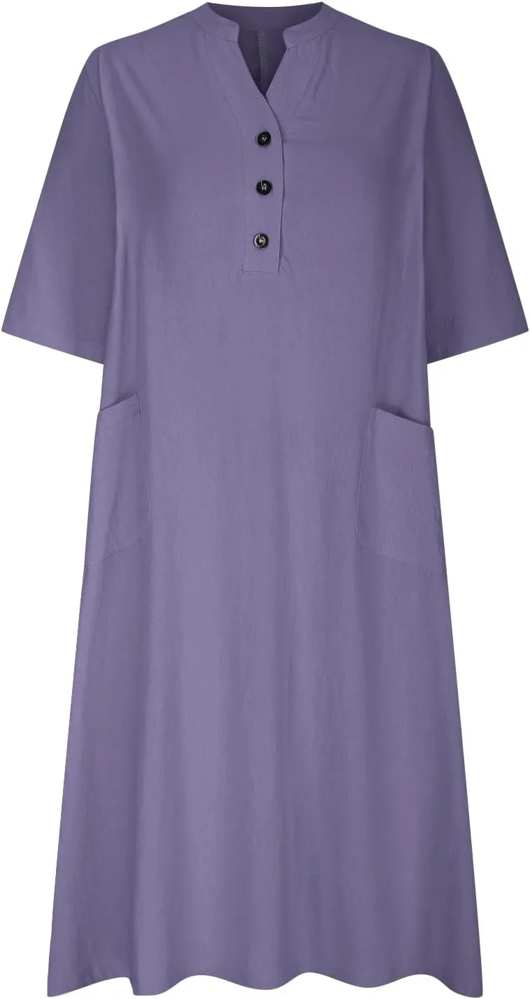 Womens V-Neck Half-Sleeve Cotton Linen Loose Dress Fashion Lightweight Casual Sundress Maxi Dress with Pockets