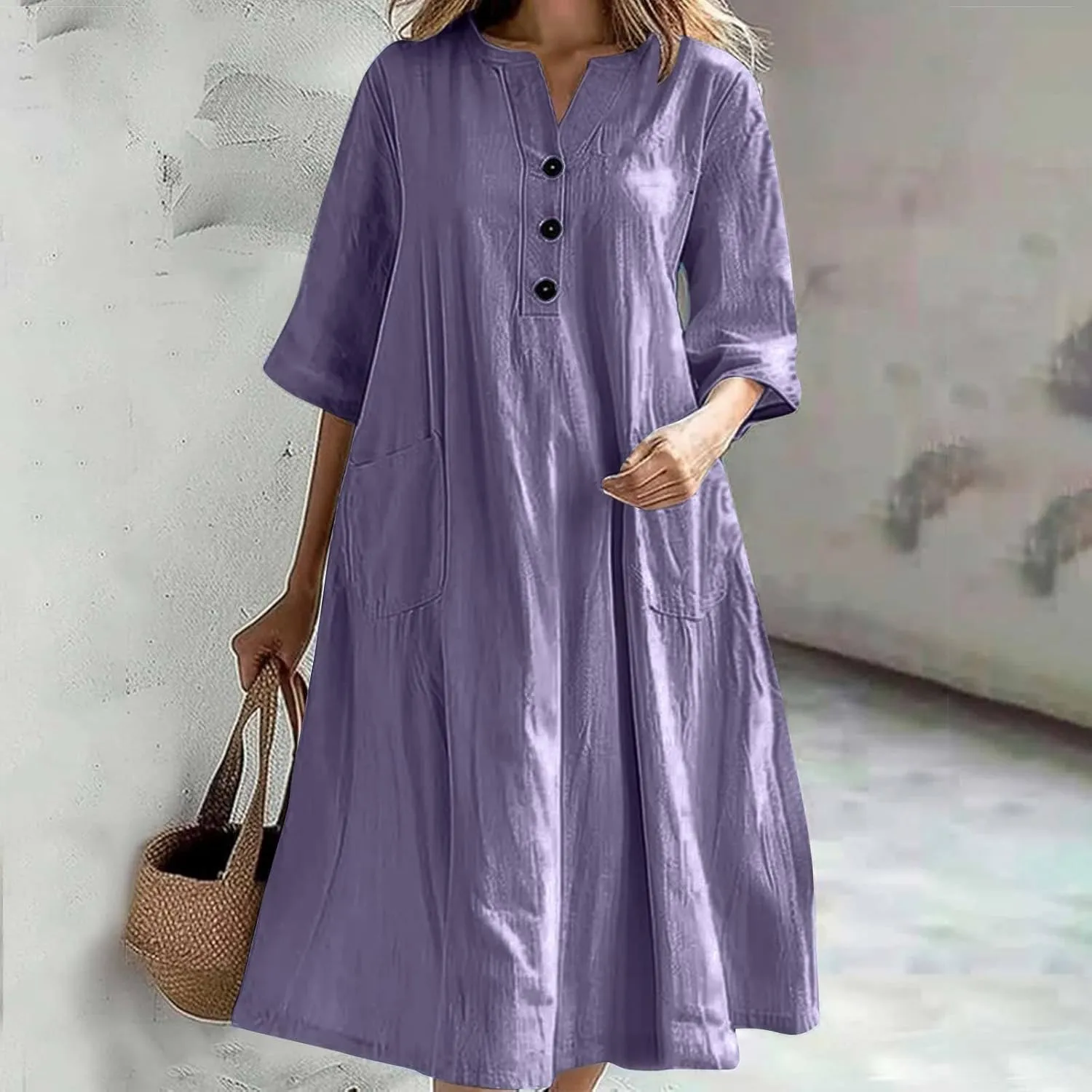 Womens V-Neck Half-Sleeve Cotton Linen Loose Dress Fashion Lightweight Casual Sundress Maxi Dress with Pockets