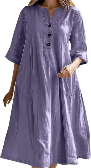 Womens V-Neck Half-Sleeve Cotton Linen Loose Dress Fashion Lightweight Casual Sundress Maxi Dress with Pockets