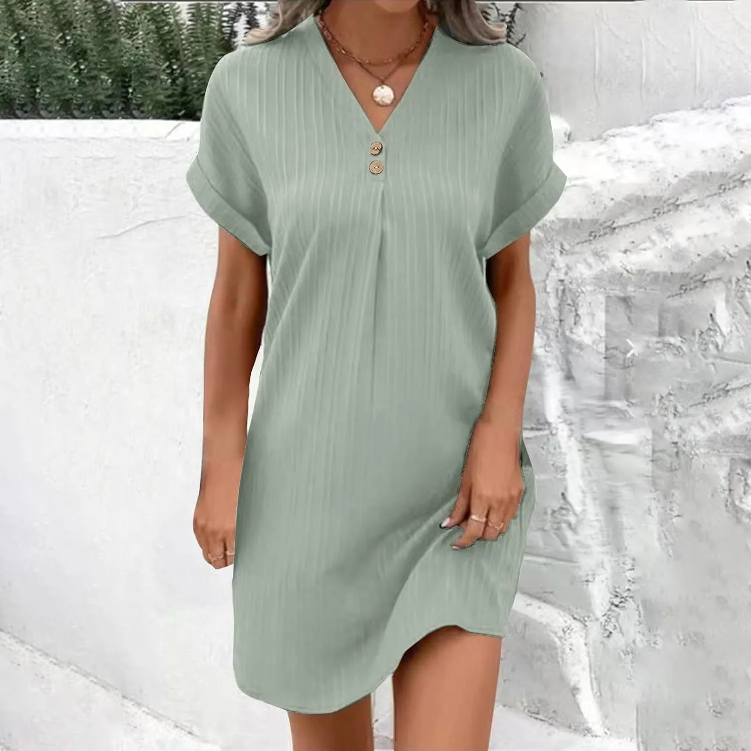 Womens V-Neck Pullover Comfortable Casual Button Dress Summer Loose Flowy Shirt Dresses A Line Ribbed Tunic Dress