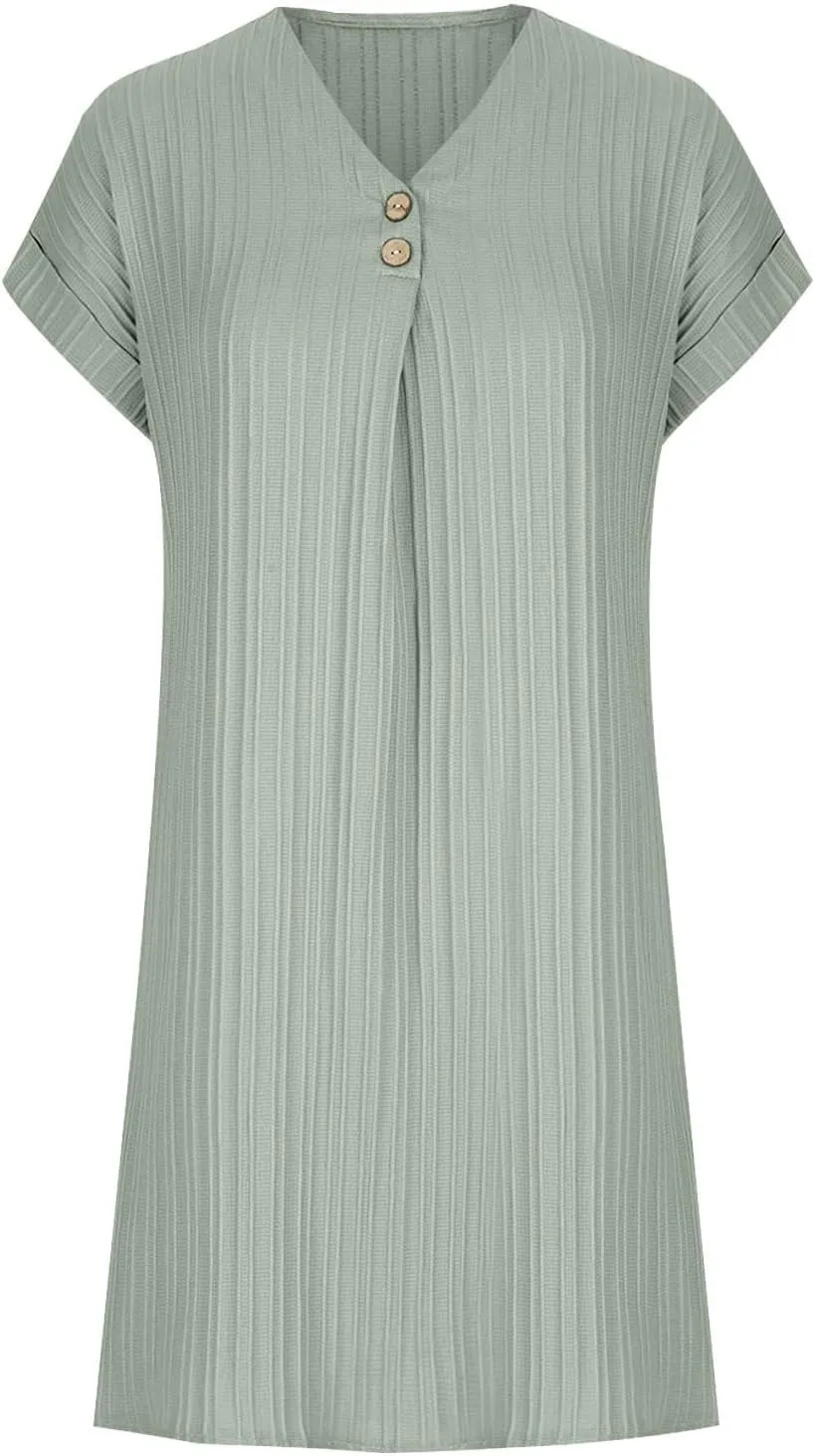Womens V-Neck Pullover Comfortable Casual Button Dress Summer Loose Flowy Shirt Dresses A Line Ribbed Tunic Dress