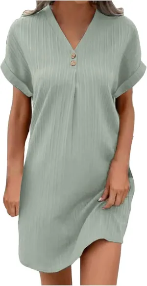 Womens V-Neck Pullover Comfortable Casual Button Dress Summer Loose Flowy Shirt Dresses A Line Ribbed Tunic Dress