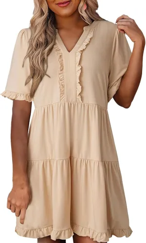 Women's V Neck Tunic Dresses Ruffle Sleeve A Line Tiered Flowy Swing Shift Dress Mini Loose Fit Dress Sundress 2025