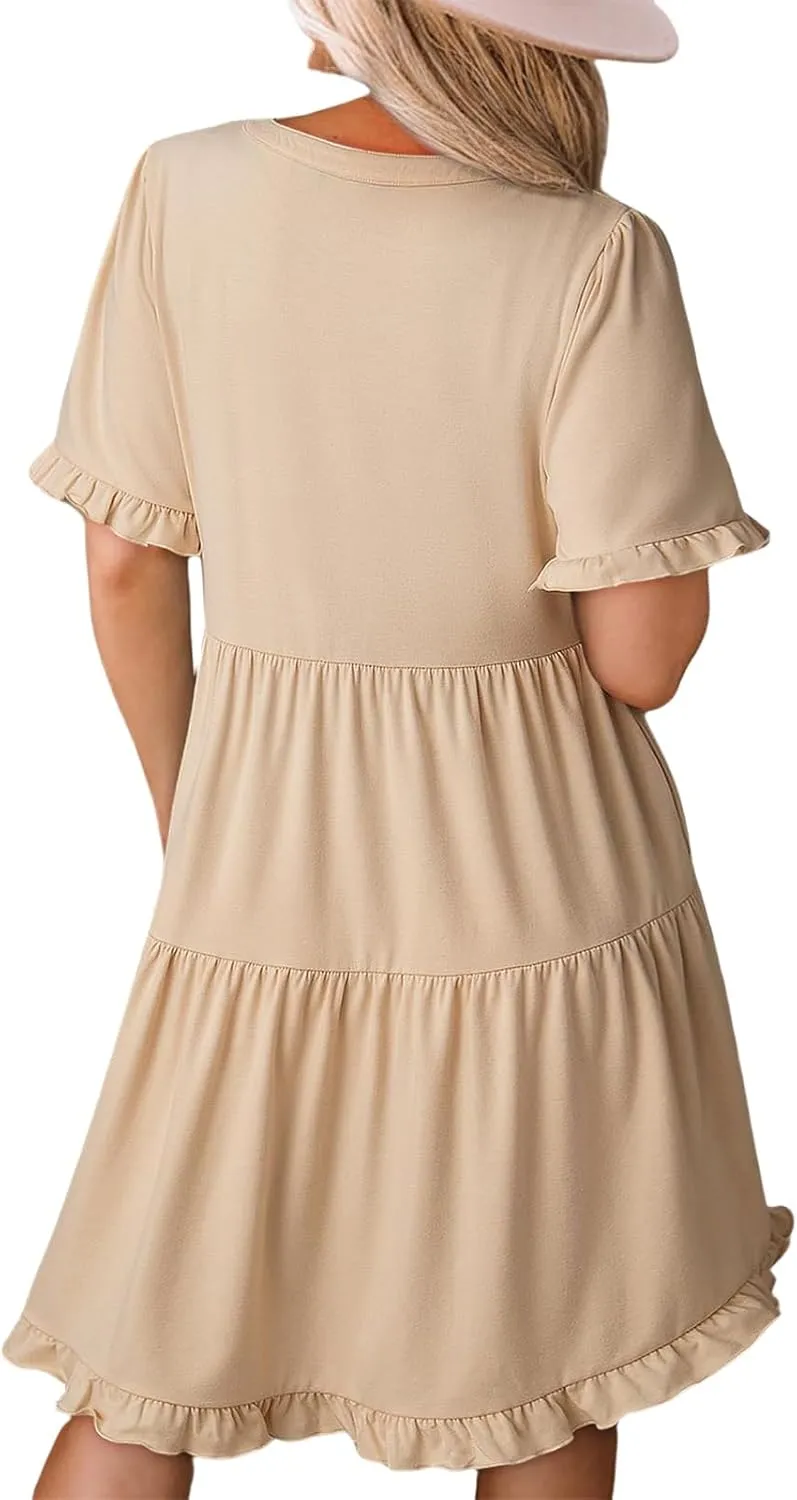 Women's V Neck Tunic Dresses Ruffle Sleeve A Line Tiered Flowy Swing Shift Dress Mini Loose Fit Dress Sundress 2025