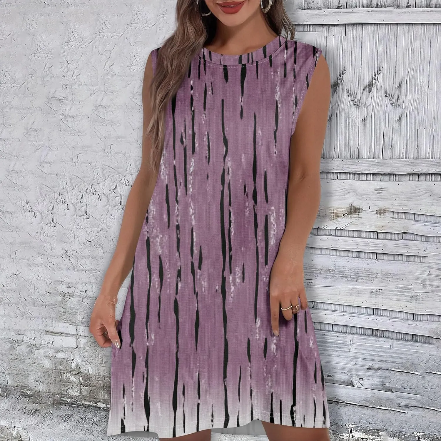 Women's Vacation Sleeveless Mini Dresses Printed Crew Neck Beach Sundress 2025 Summer Casual Loose Pockets Dress