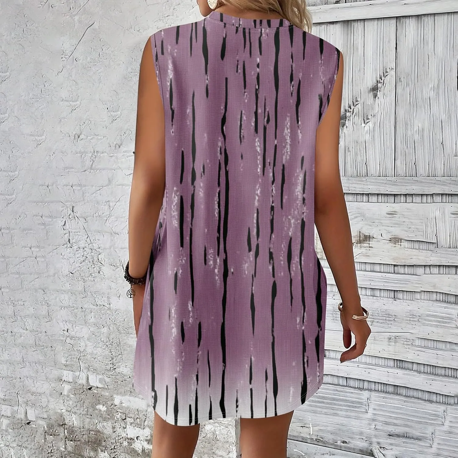Women's Vacation Sleeveless Mini Dresses Printed Crew Neck Beach Sundress 2025 Summer Casual Loose Pockets Dress
