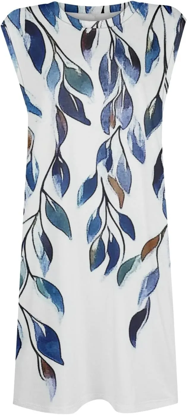 Women's Vacation Sleeveless Mini Dresses Printed Crew Neck Beach Sundress 2025 Summer Casual Loose Pockets Dress