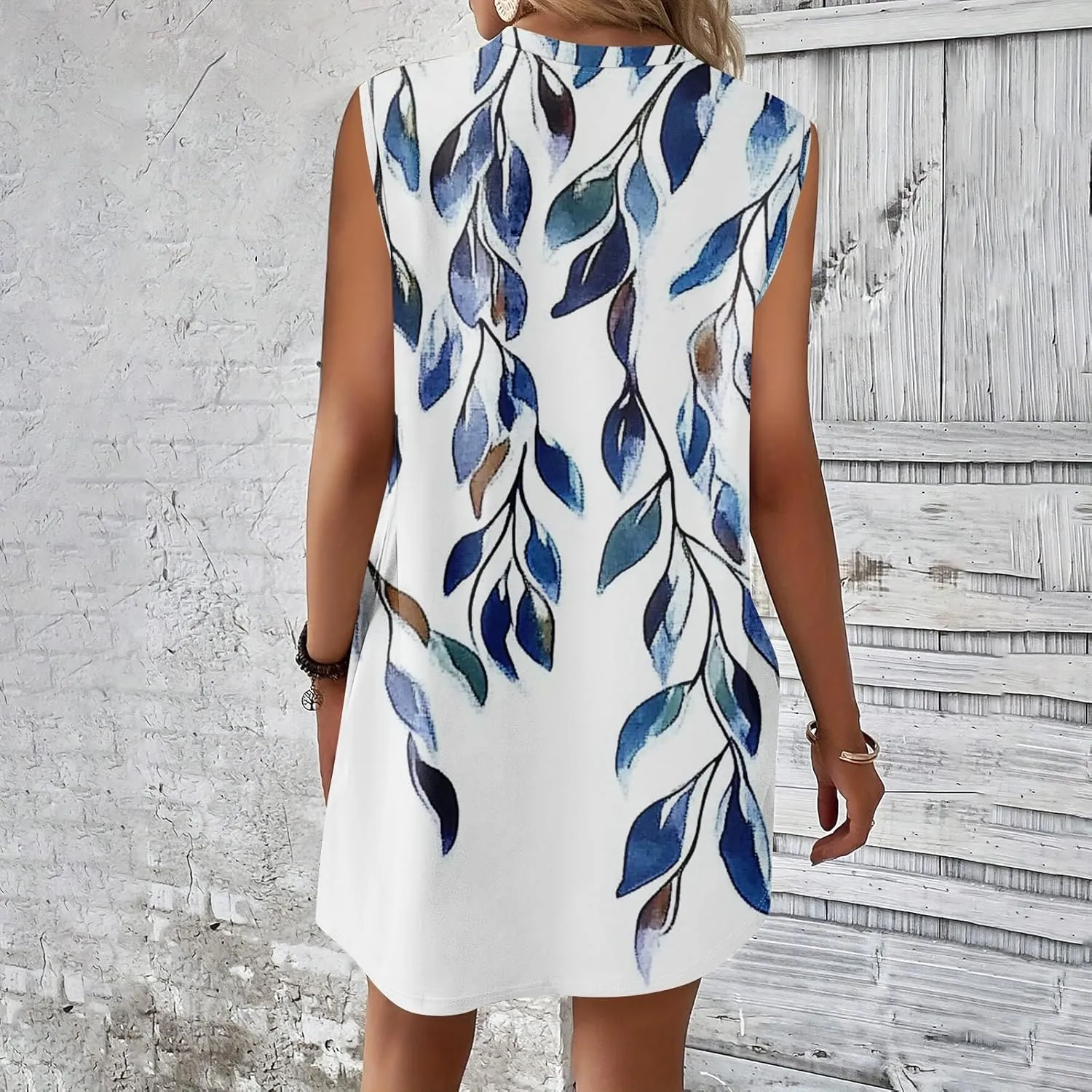 Women's Vacation Sleeveless Mini Dresses Printed Crew Neck Beach Sundress 2025 Summer Casual Loose Pockets Dress