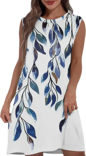Women's Vacation Sleeveless Mini Dresses Printed Crew Neck Beach Sundress 2025 Summer Casual Loose Pockets Dress
