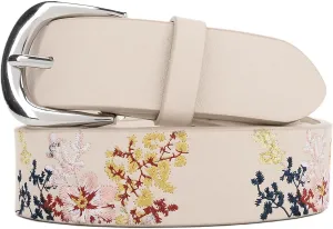 Women's Vegan Leather Belts for Jeans Dresses Pants,1.1" Fashion Ladies Waist Belt with Embroidered Flowers