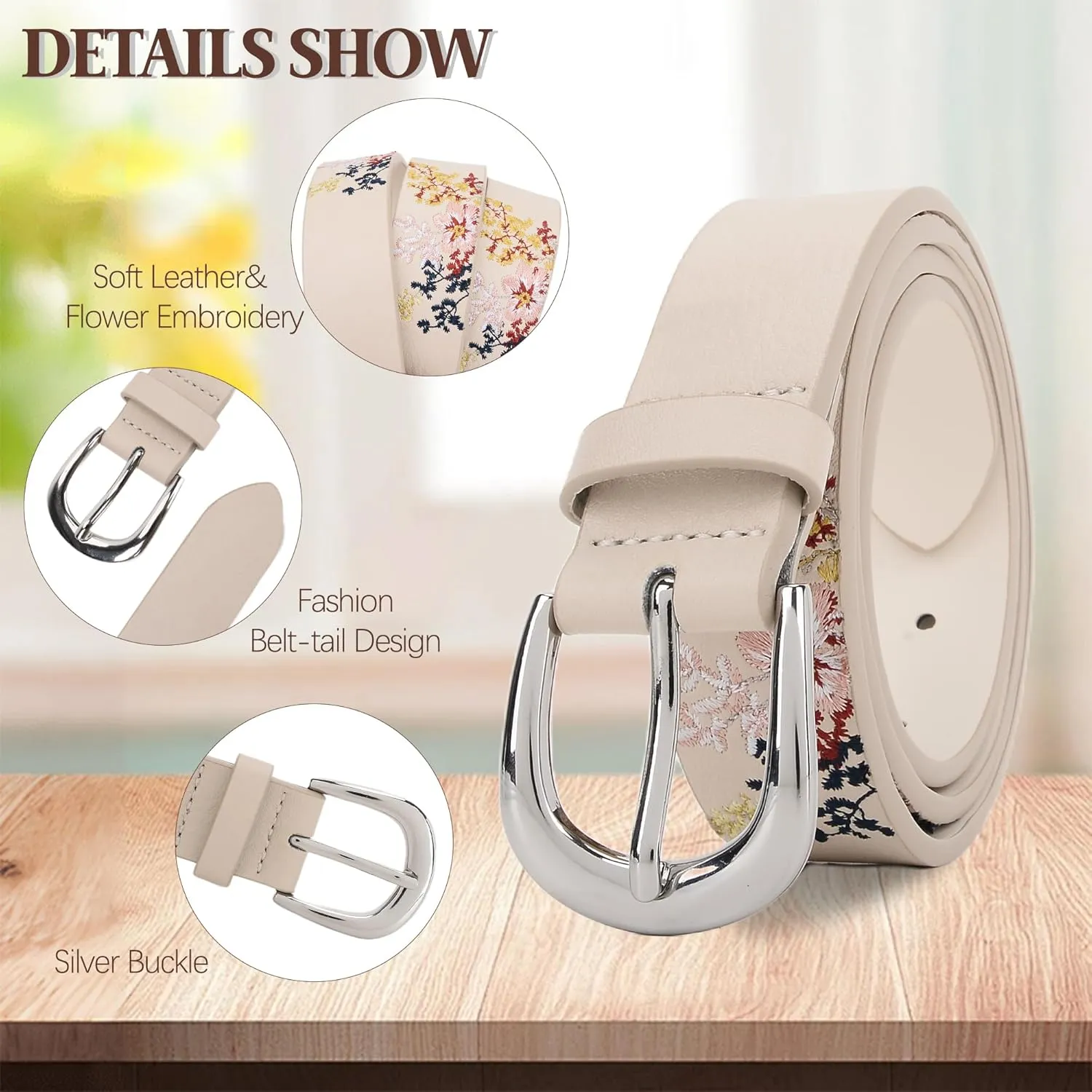Women's Vegan Leather Belts for Jeans Dresses Pants,1.1" Fashion Ladies Waist Belt with Embroidered Flowers