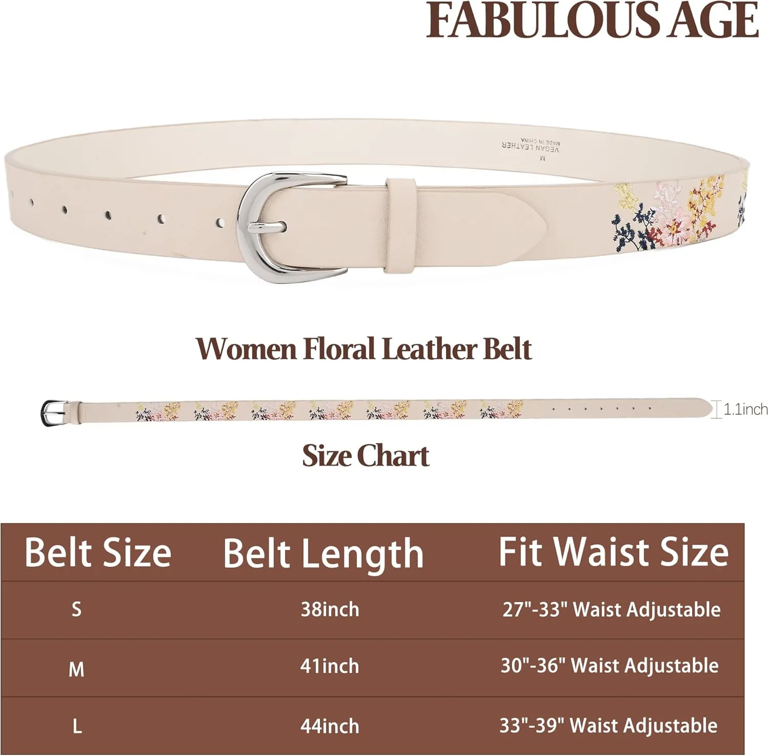 Women's Vegan Leather Belts for Jeans Dresses Pants,1.1" Fashion Ladies Waist Belt with Embroidered Flowers