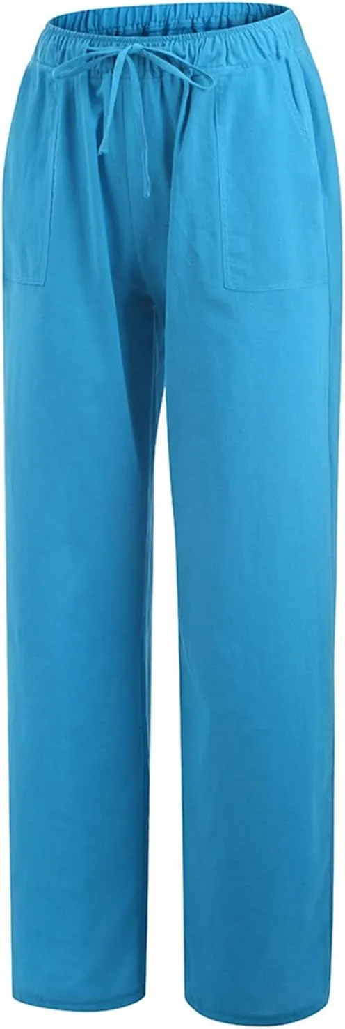 Women's Wide Leg Linen Pants Dressy Elastic High Waisted Palazzo Pant Yoga Pleated Trousers with Pocket