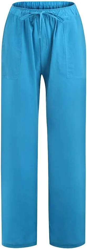 Women's Wide Leg Linen Pants Dressy Elastic High Waisted Palazzo Pant Yoga Pleated Trousers with Pocket