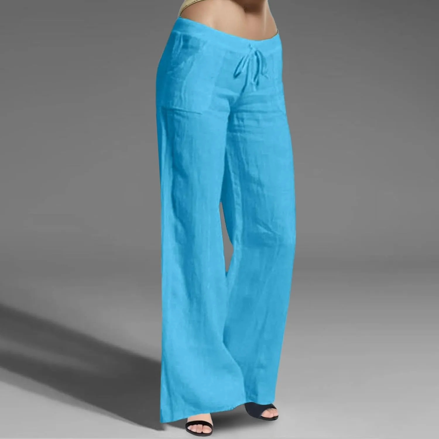 Women's Wide Leg Linen Pants Dressy Elastic High Waisted Palazzo Pant Yoga Pleated Trousers with Pocket
