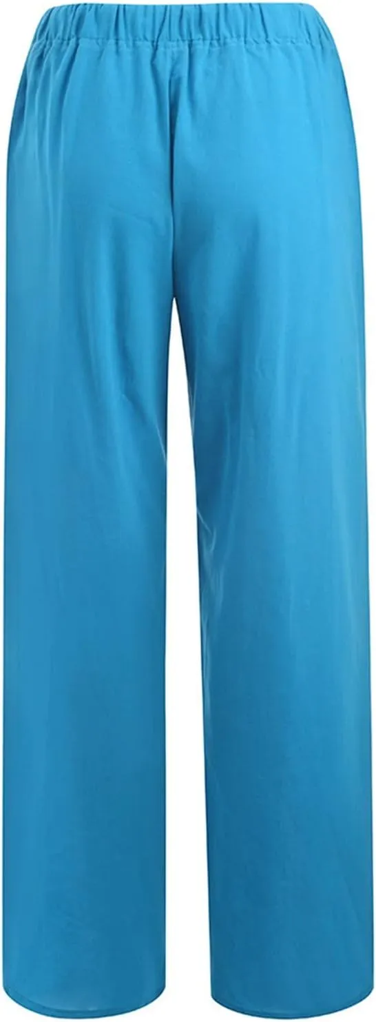 Women's Wide Leg Linen Pants Dressy Elastic High Waisted Palazzo Pant Yoga Pleated Trousers with Pocket