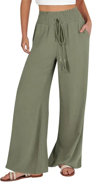 Womens Wide Leg Linen Pants Summer Dressy Elastic High Waist Palazzo Pant Yoga Loose Flowy Trouser with Pocket