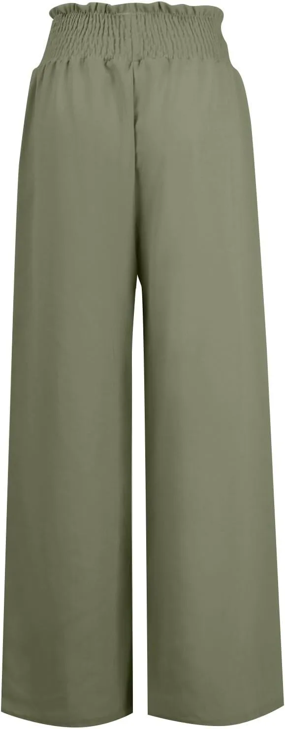 Womens Wide Leg Linen Pants Summer Dressy Elastic High Waist Palazzo Pant Yoga Loose Flowy Trouser with Pocket