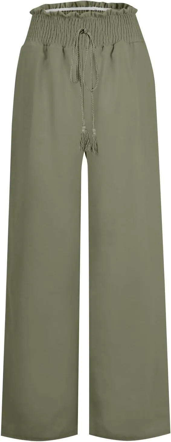 Womens Wide Leg Linen Pants Summer Dressy Elastic High Waist Palazzo Pant Yoga Loose Flowy Trouser with Pocket