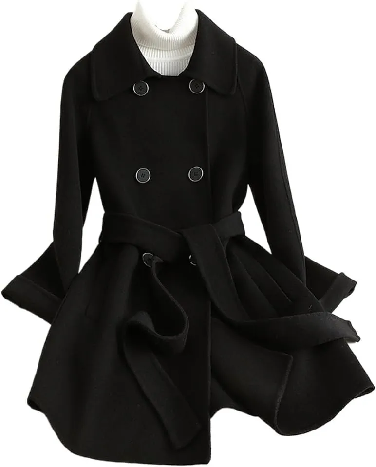 Women's Wool Short Loose Jacket OL Thicken Warm Breasted Wool Blend Pea Trench Coat Jacket with Belts(2XL Code)