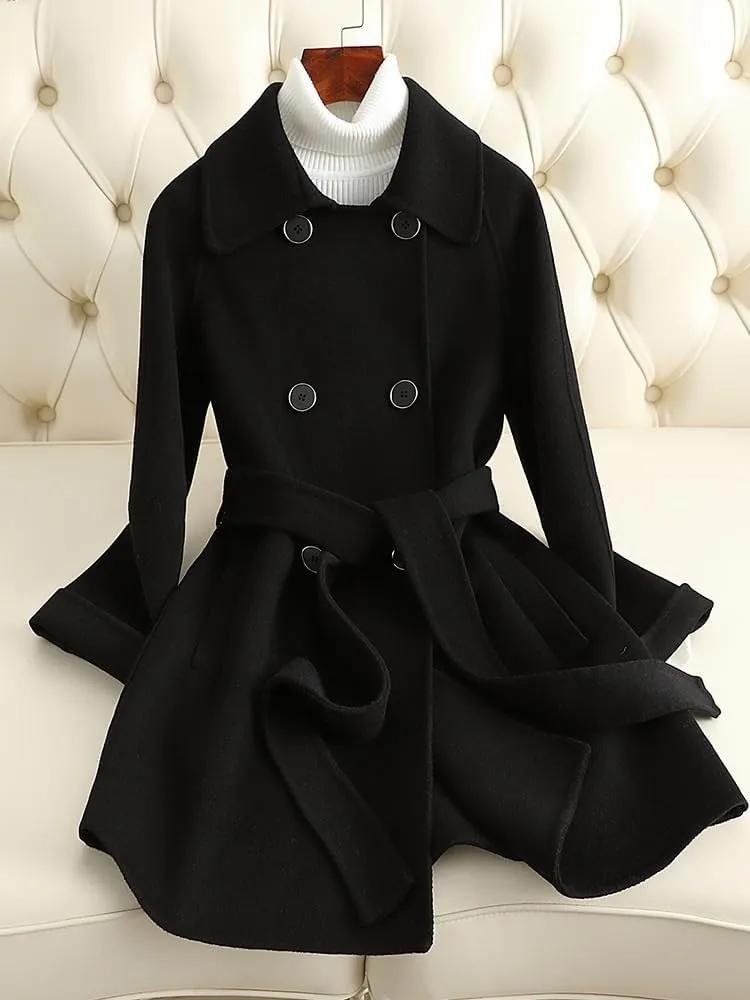 Women's Wool Short Loose Jacket OL Thicken Warm Breasted Wool Blend Pea Trench Coat Jacket with Belts(2XL Code)