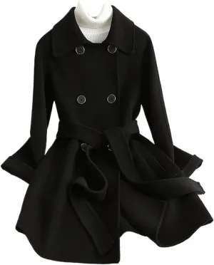 Women's Wool Short Loose Jacket OL Thicken Warm Breasted Wool Blend Pea Trench Coat Jacket with Belts(2XL Code)