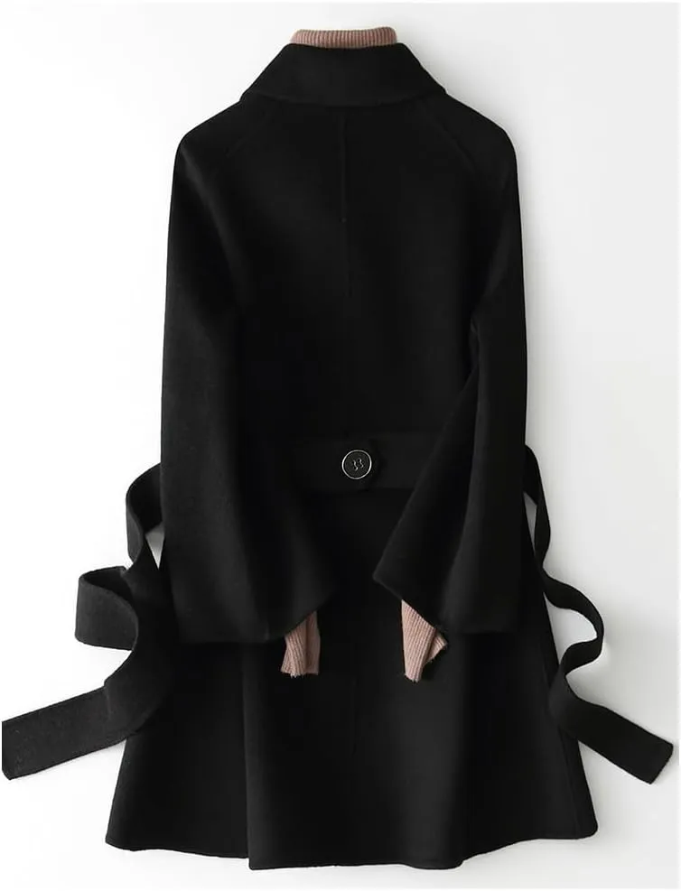 Women's Wool Short Loose Jacket OL Thicken Warm Breasted Wool Blend Pea Trench Coat Jacket with Belts(2XL Code)
