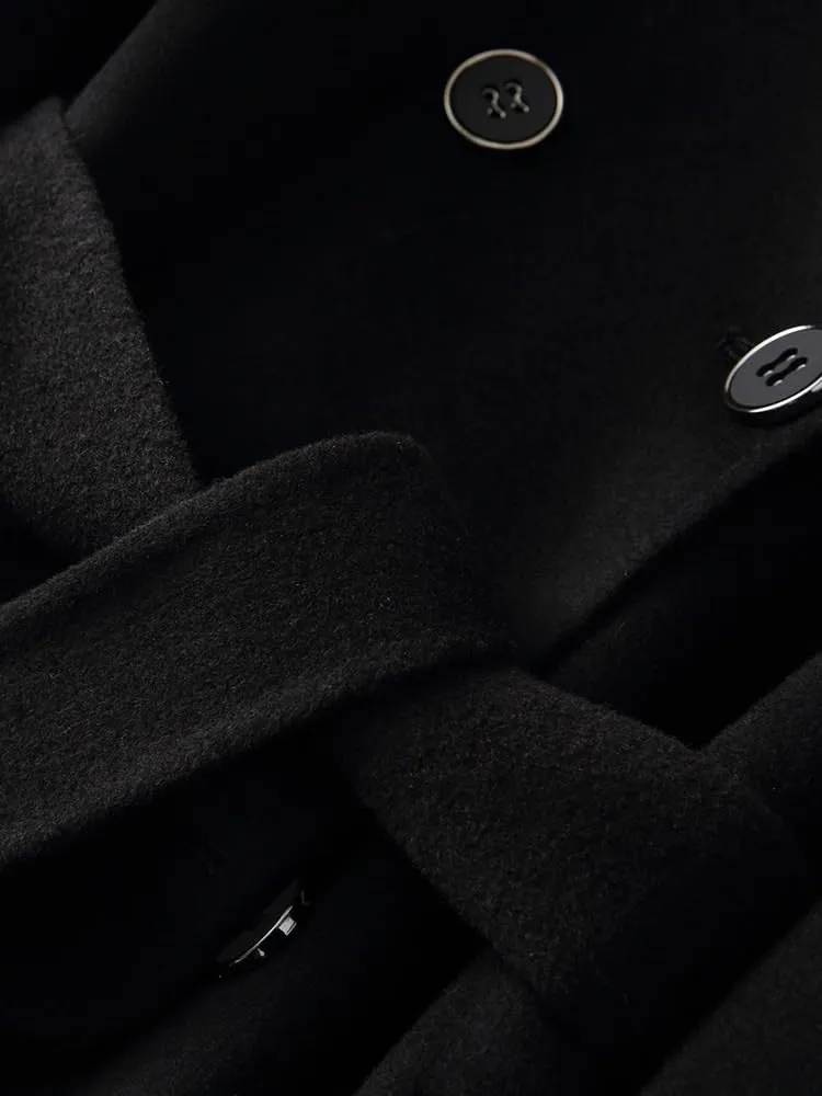 Women's Wool Short Loose Jacket OL Thicken Warm Breasted Wool Blend Pea Trench Coat Jacket with Belts(2XL Code)